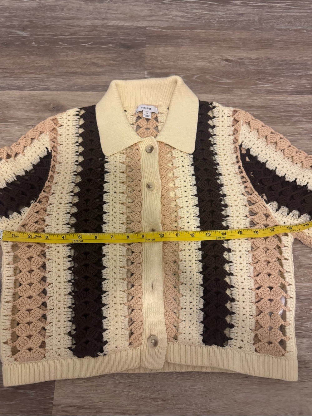 Reiss Crochet Knit Striped Collared Cardigan Cream Brown Beige Size M - Picture 5 of 11